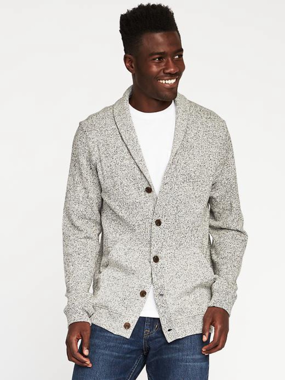 Old Navy Heather Gray Shawl Collar Sweater Knit Fleece Five Button Cardigan